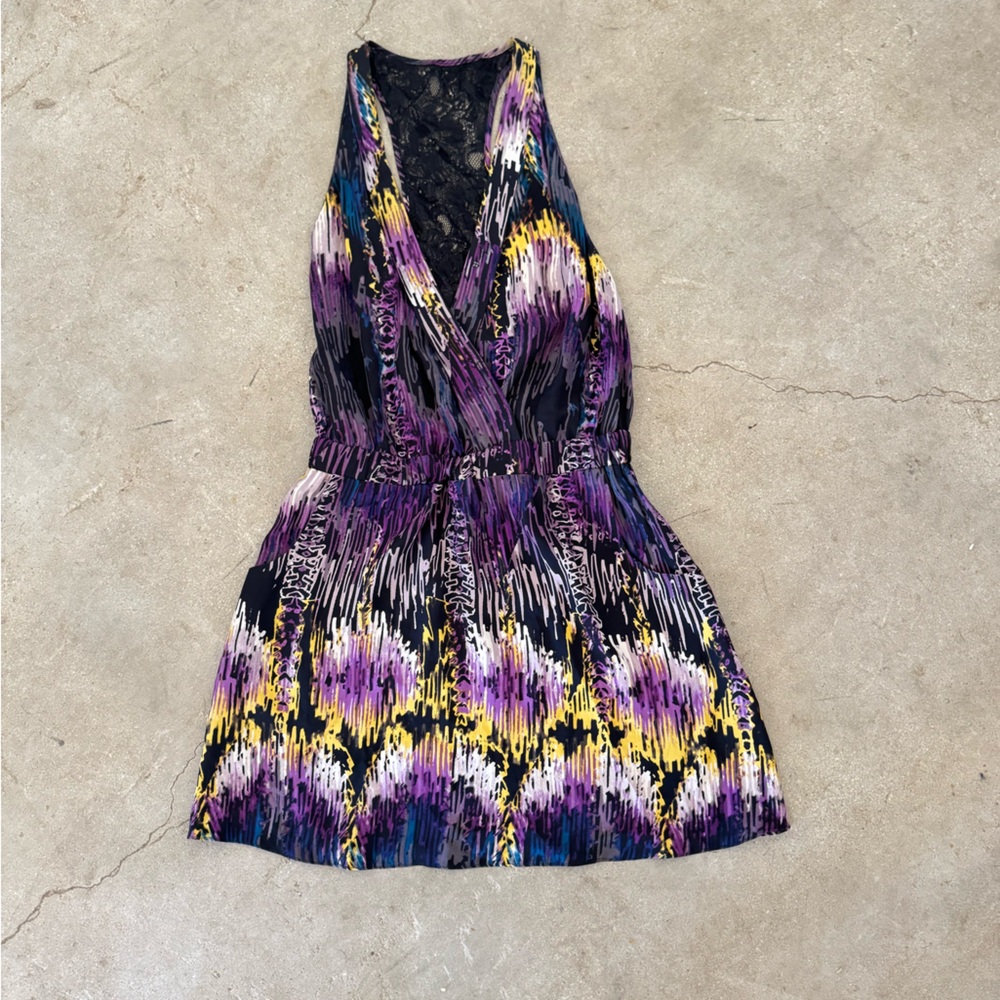🚺 Parker 100% Silk Mini Dress w/ Lace Back • Bold Purple & Yellow Print • XS $35